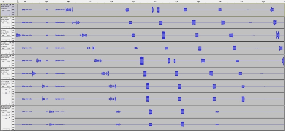 All the tracks with chunks missing to swap between them, before mixing to stereo for the video